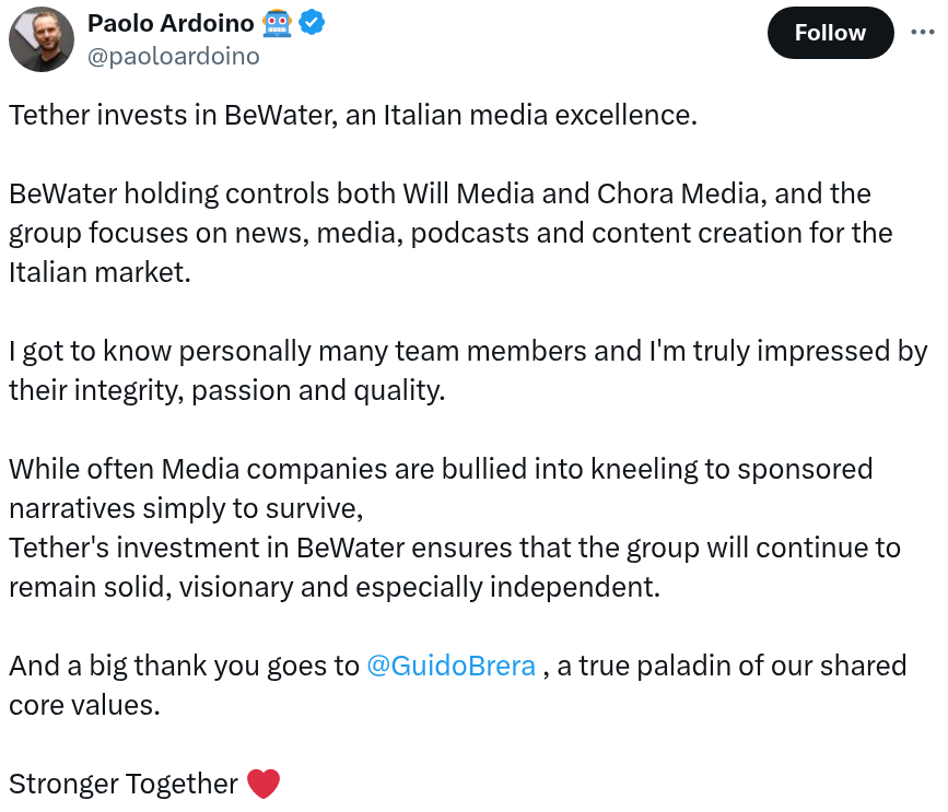 Инвестиции, Италия, Медиа, Tether, Стейблкоины
