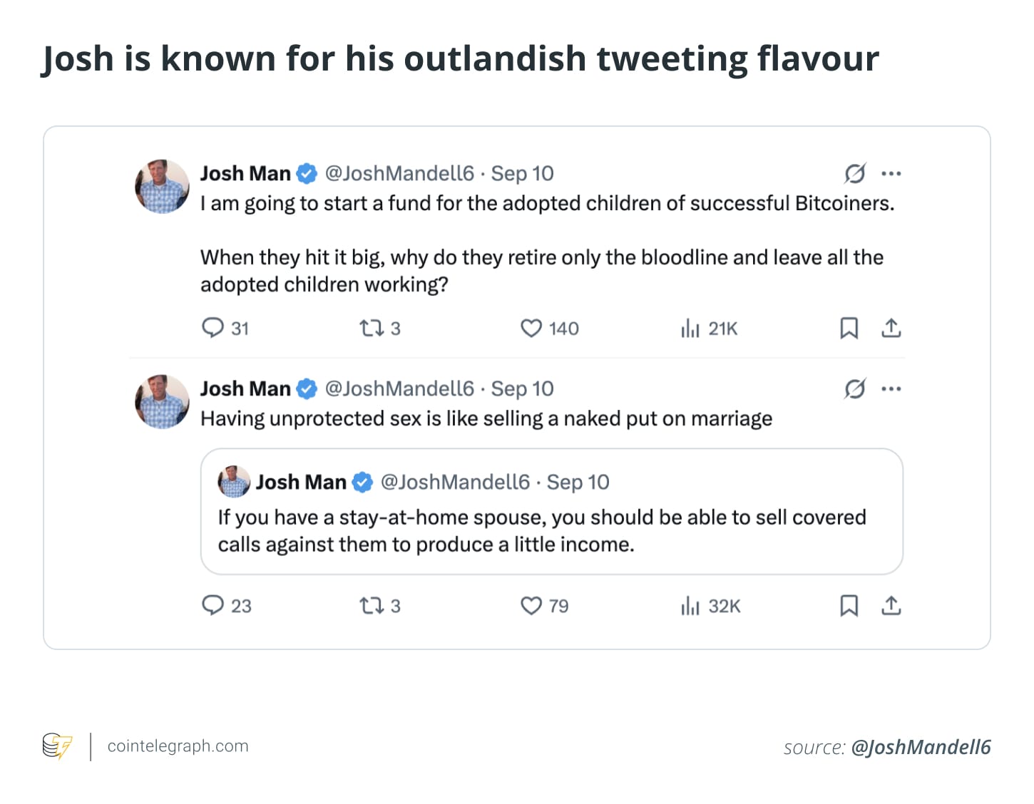 Josh is known for his outlandish tweeting flavour