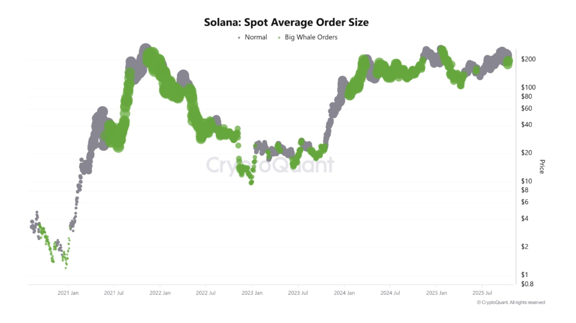 Средний размер спотового ордера SOL. Источник: CryptoQuant