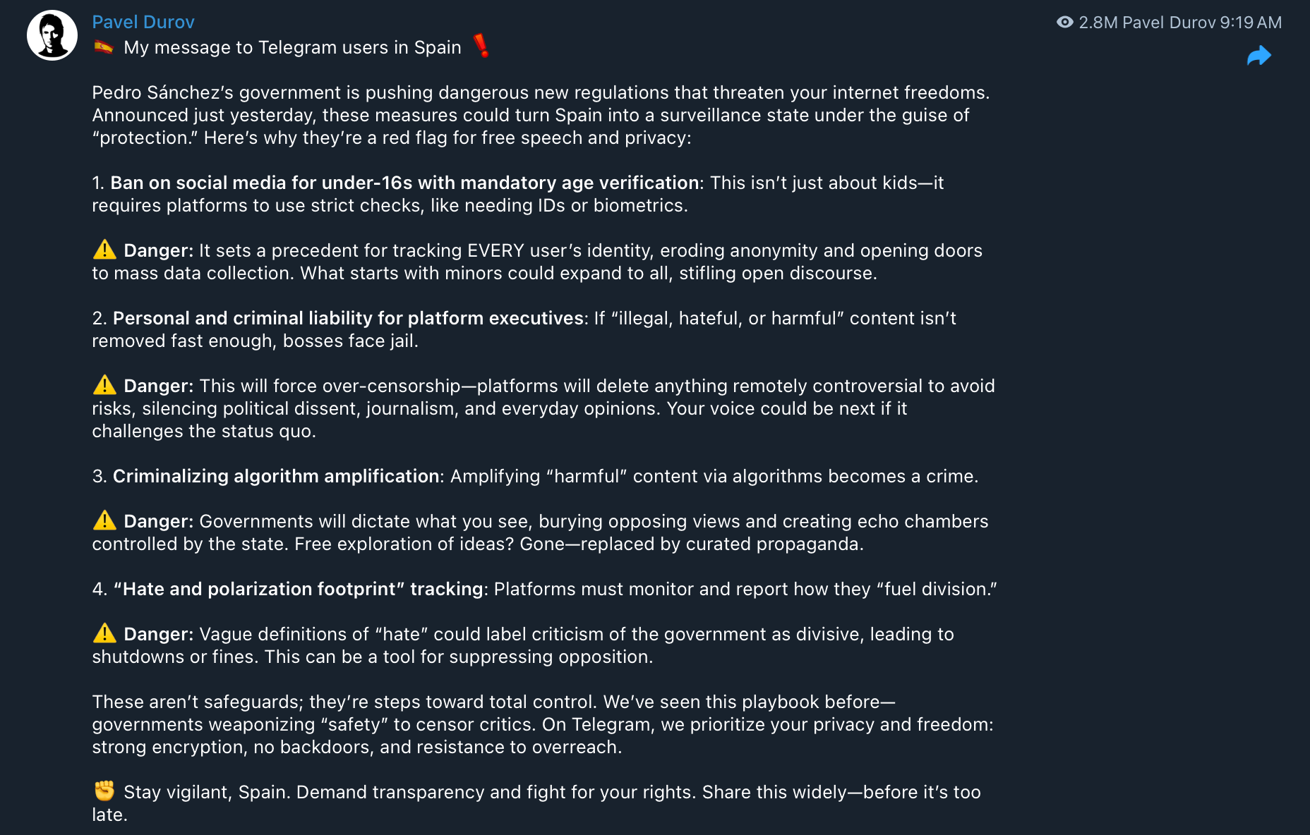 Privacy, Spain, Freedom, Censorship, Pavel Durov